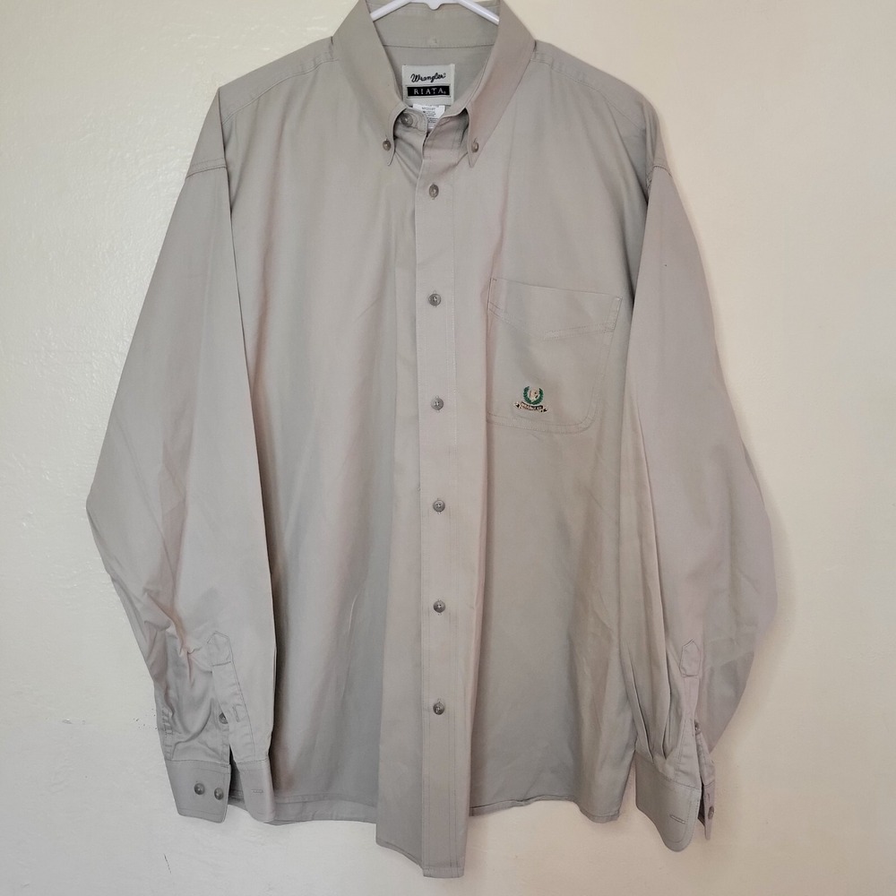 WRANGLER RIATA Shirt Men XL Khaki Western Button-Up Crest Embroidered